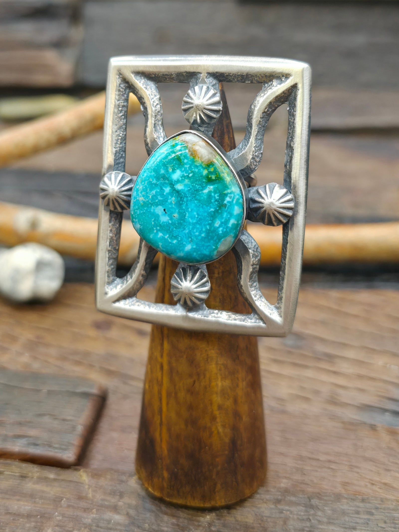 Chimney Butte Cast Sterling Silver Turquoise Statement Ring - Size 6 1/2