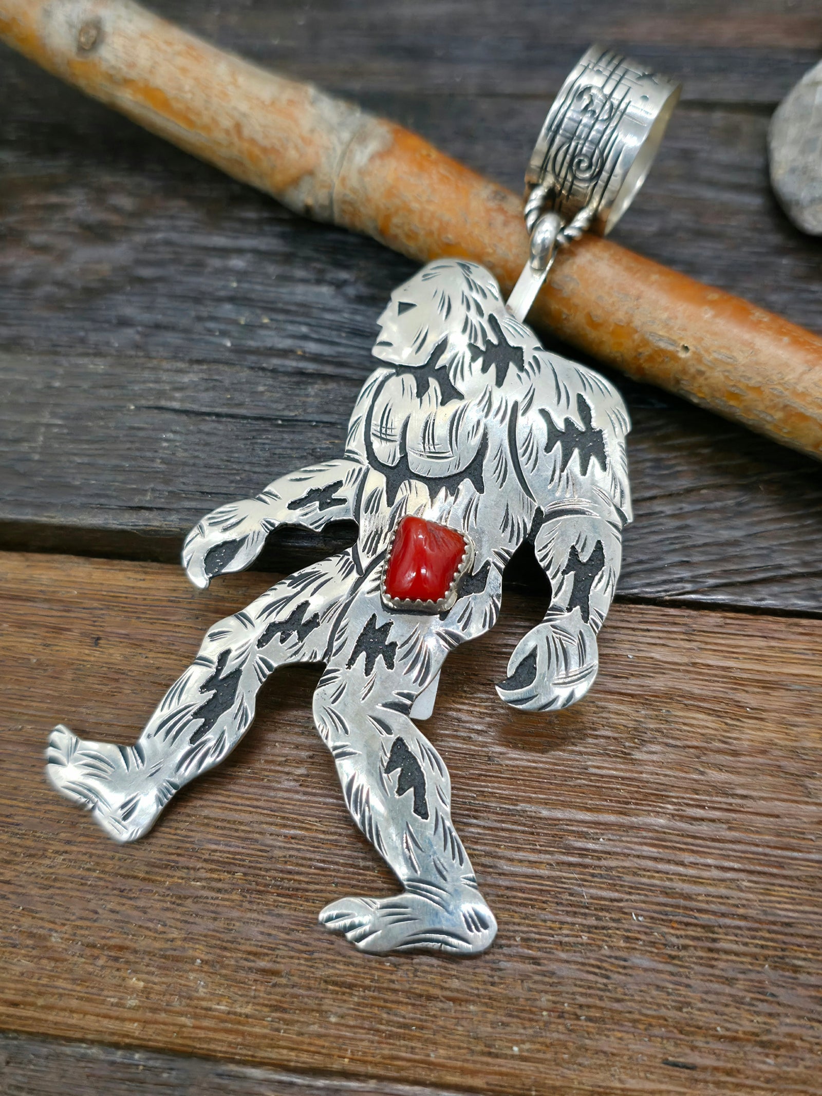 Large Sterling Silver and Coral Bigfoot Pendant by Richard Singer