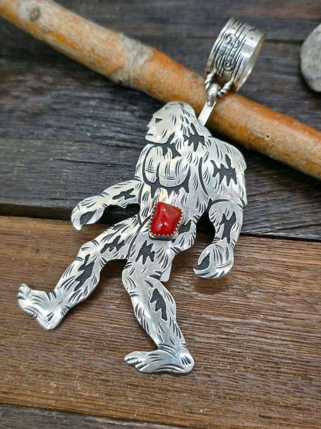 Large Sterling Silver and Coral Bigfoot Pendant by Richard Singer