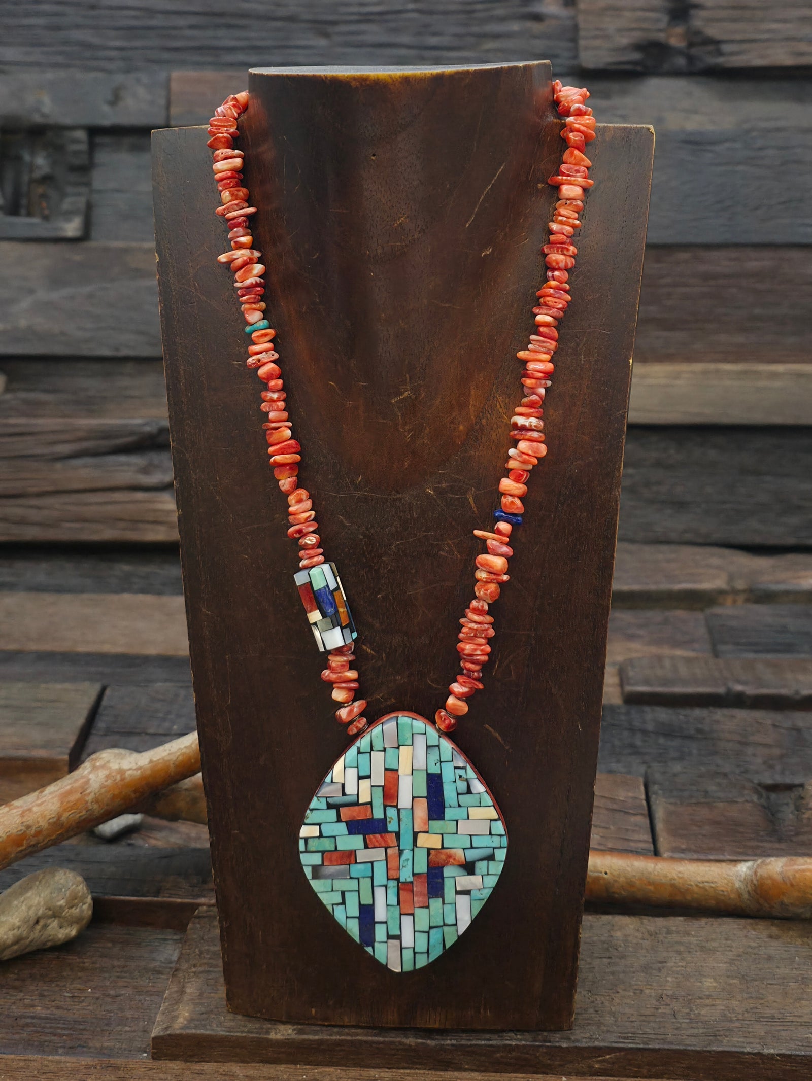 Reversible Turquoise, Spiny Oyster, Mother of Pearl, and Lapis Pendant Necklace by Charlene Reano - 18 in.