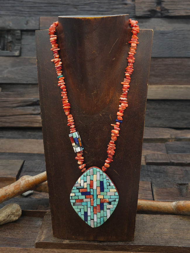 Reversible Turquoise, Spiny Oyster, Mother of Pearl, and Lapis Pendant Necklace by Charlene Reano - 18 in.