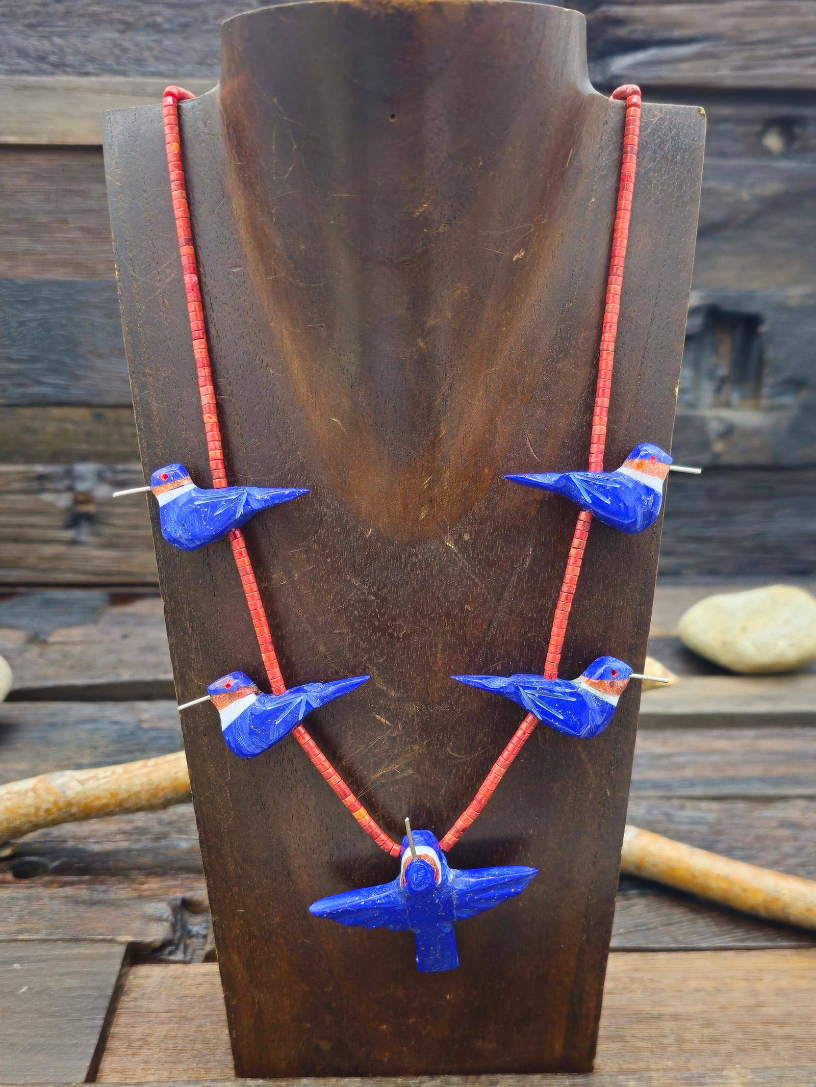 Lapis Five Hummingbird Necklace with Orange Sponge Coral Heishi by Matt Mitchell - 24 in.