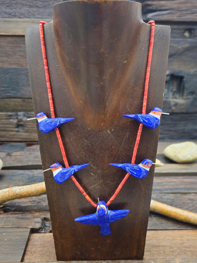 Lapis Five Hummingbird Necklace with Orange Sponge Coral Heishi by Matt Mitchell - 24 in.