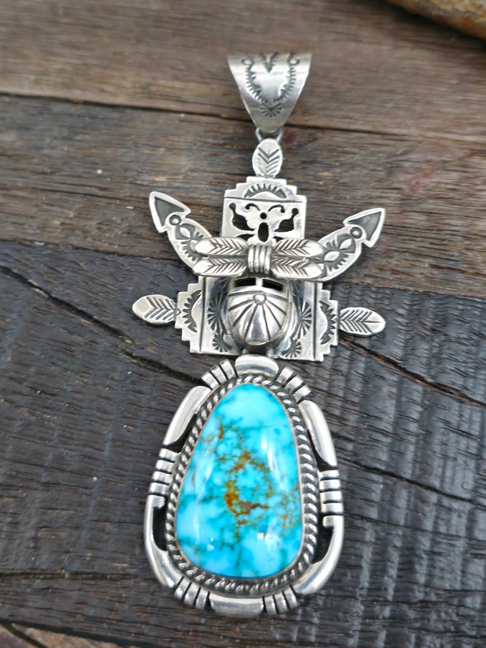 Stamped Sterling Silver Turquoise Kachina Pendant by F. Charley - 3 1/2 in. by 1 1/2 in.