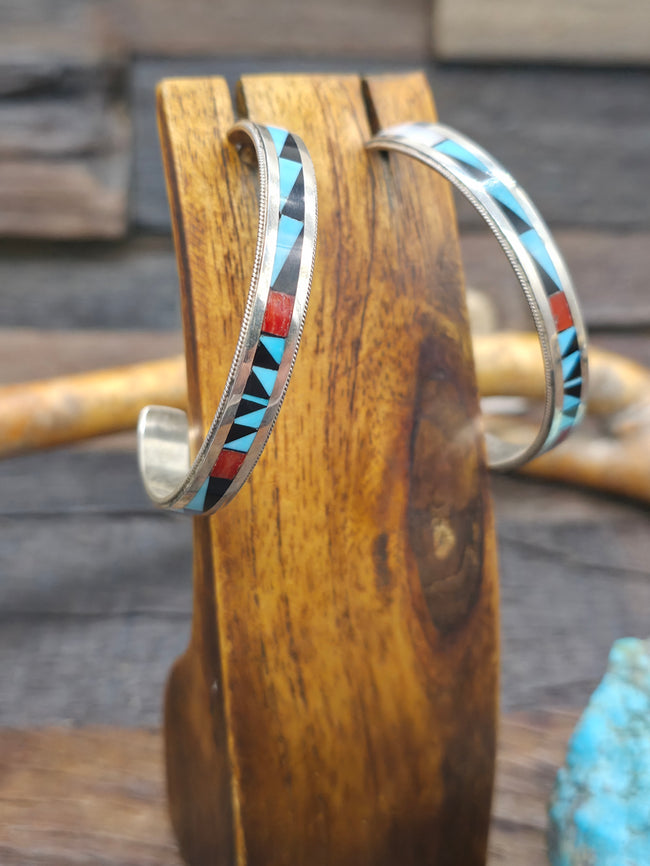 Large Sterling Silver Half Hoop Inlay Earrings by Weahkee - 2 in. by 1/4 in.