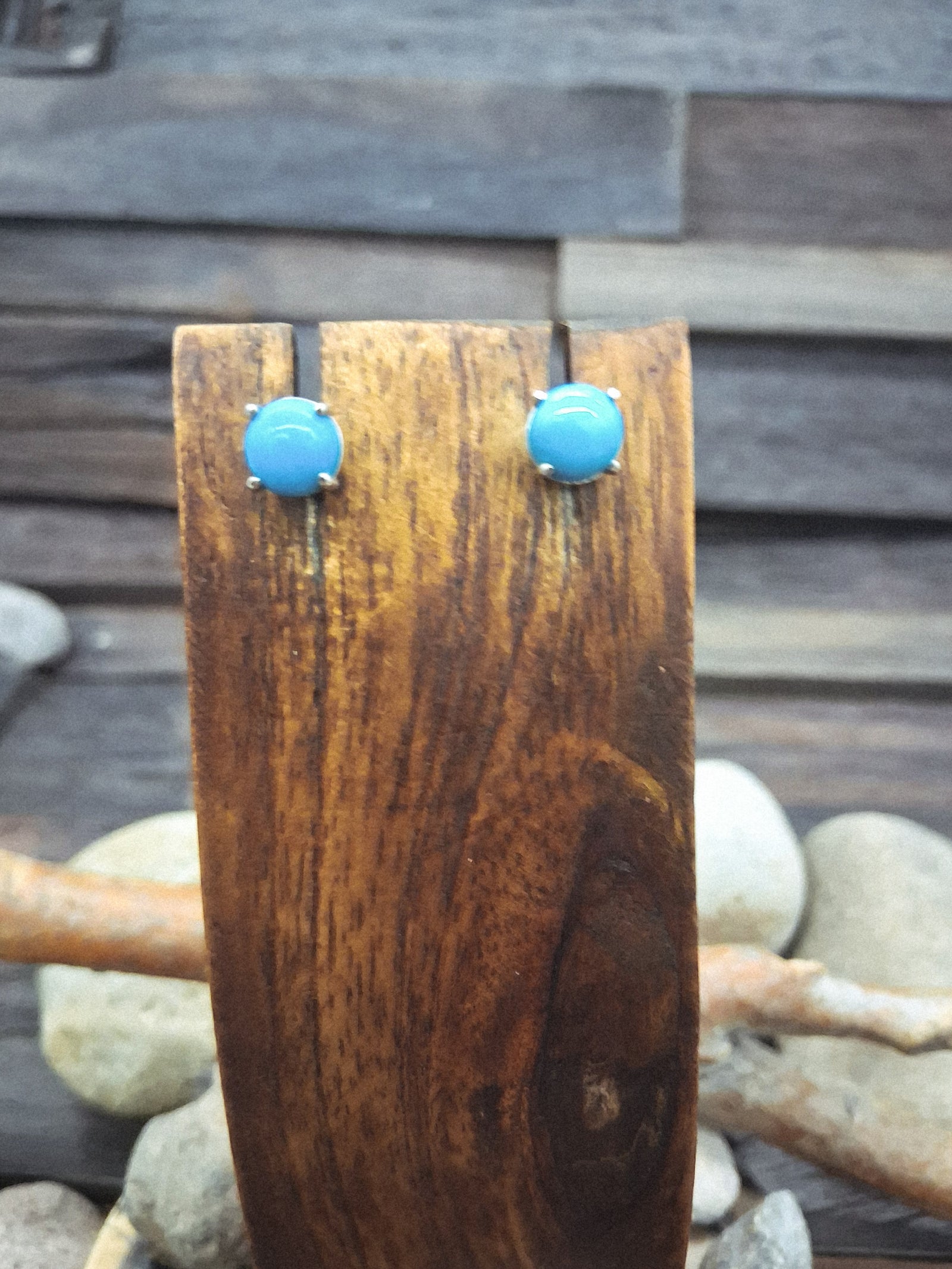 14 KT White Gold Sleeping Beauty Turquoise Round Stud Post Earrings