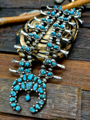 Vintage/Estate Sterling Silver Kingman Turquoise Squash Blossom Necklace by R. Bahe - 28 in.