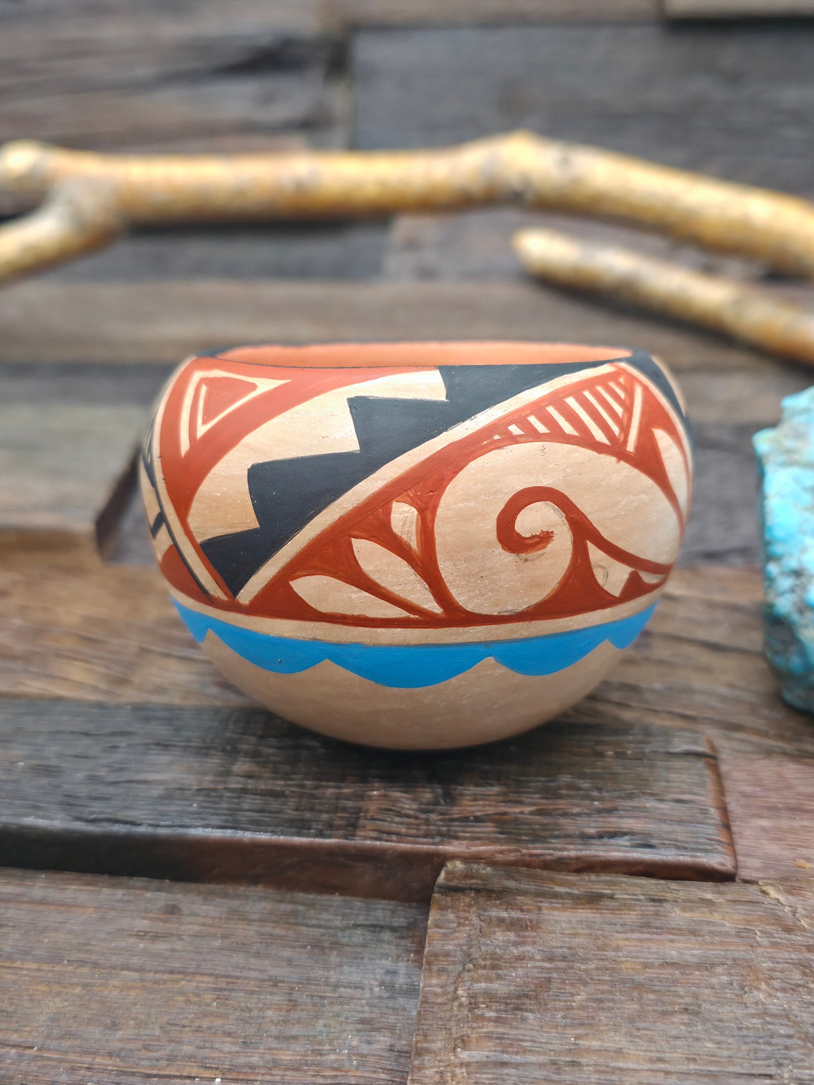 Handmade Painted Jemez Pot by Michelle Mora - Black, Blue and Red - 2 1/4 in. by 3 in. by 3 in.