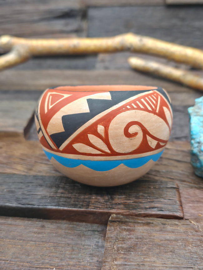 Handmade Painted Jemez Pot by Michelle Mora - Black, Blue and Red - 2 1/4 in. by 3 in. by 3 in.