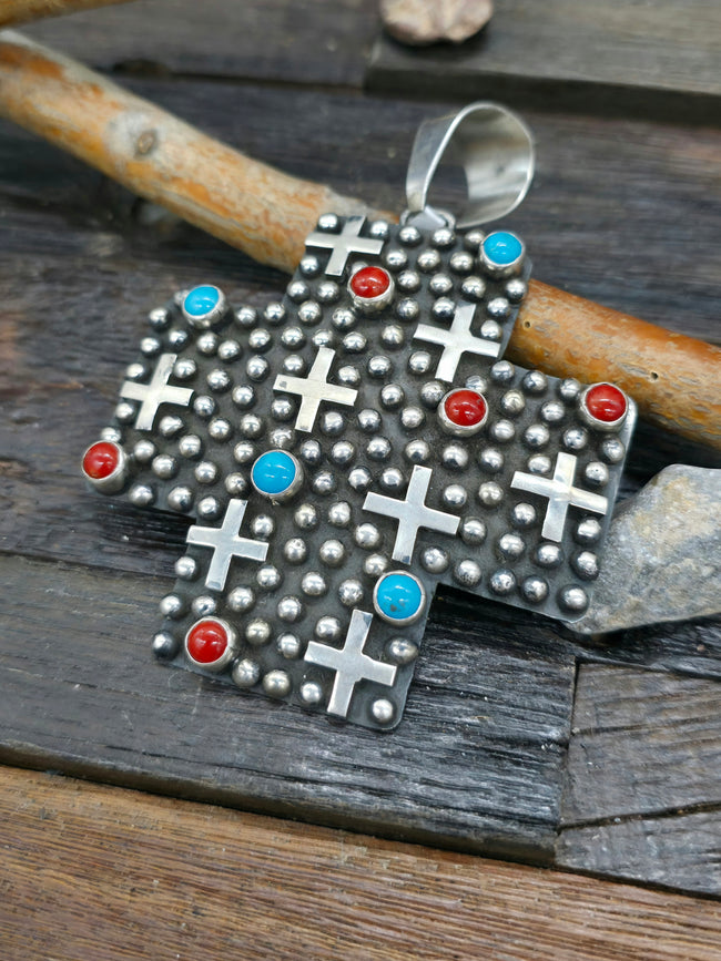 Large Cross-Shaped Sterling Silver Raindrop Coral and Turquoise Pendant by Geneva Apachito
