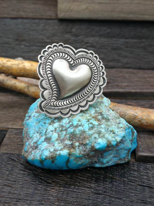 Adjustable Heart Smooth Center Sterling Silver Ring by Leander Tahe