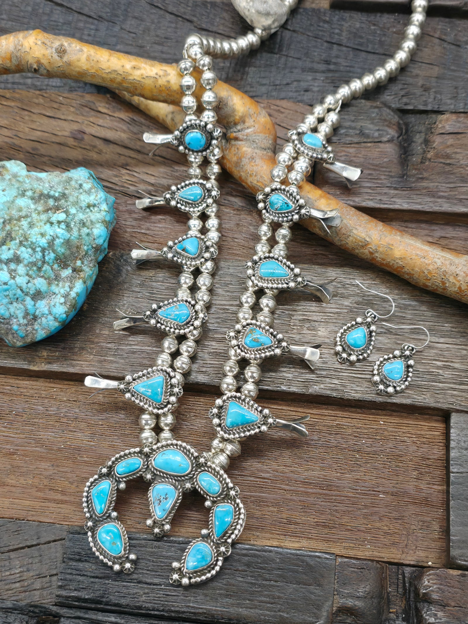 Sterling Silver Turquoise Squash Blossom Necklace and Earring Set by Rosella Paxson - 27 in.