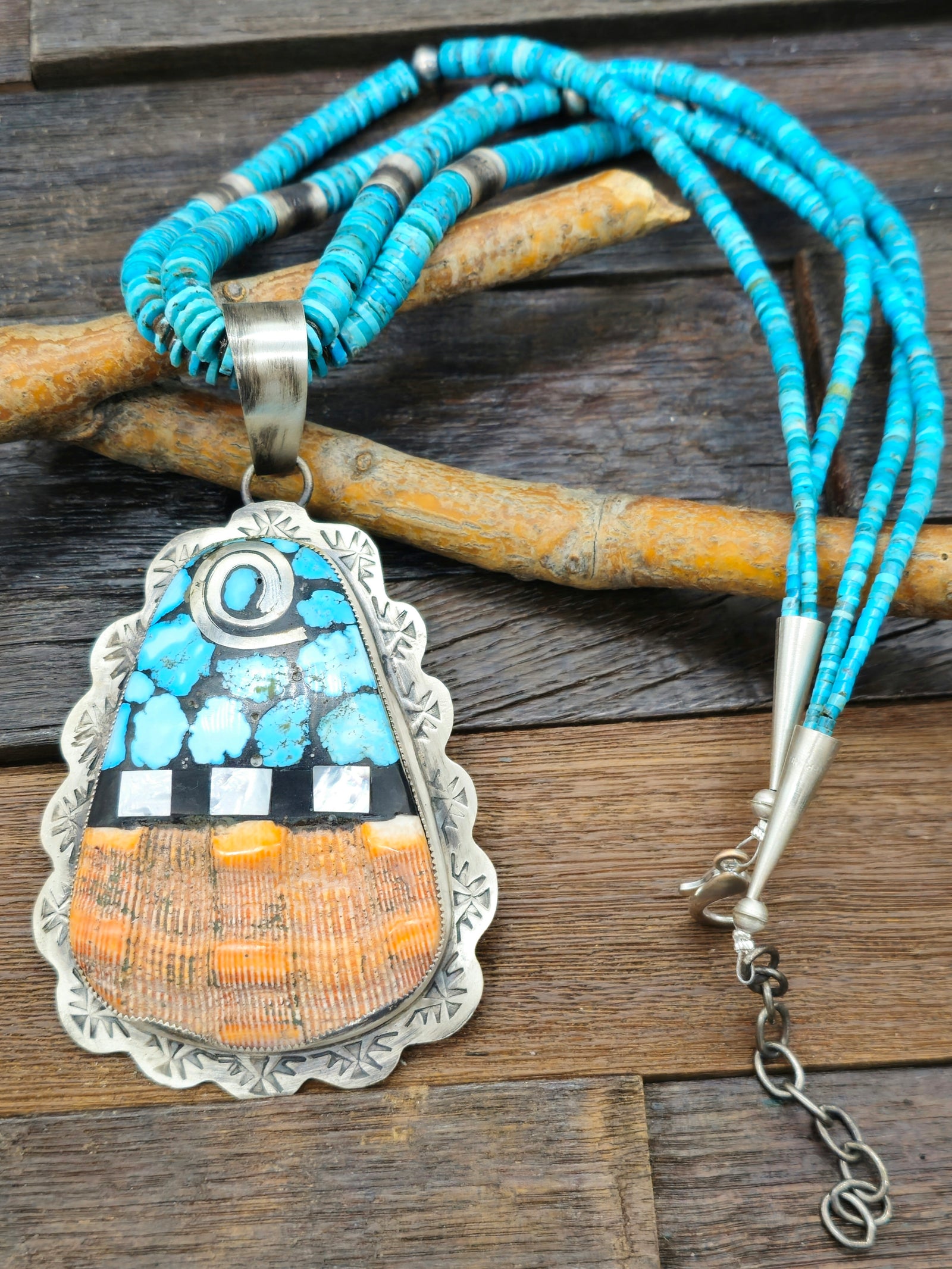 Two Strand Turquoise and Spiny Necklace with Mosaic Inlay Pendant by Daniel Coriz - 24 in.