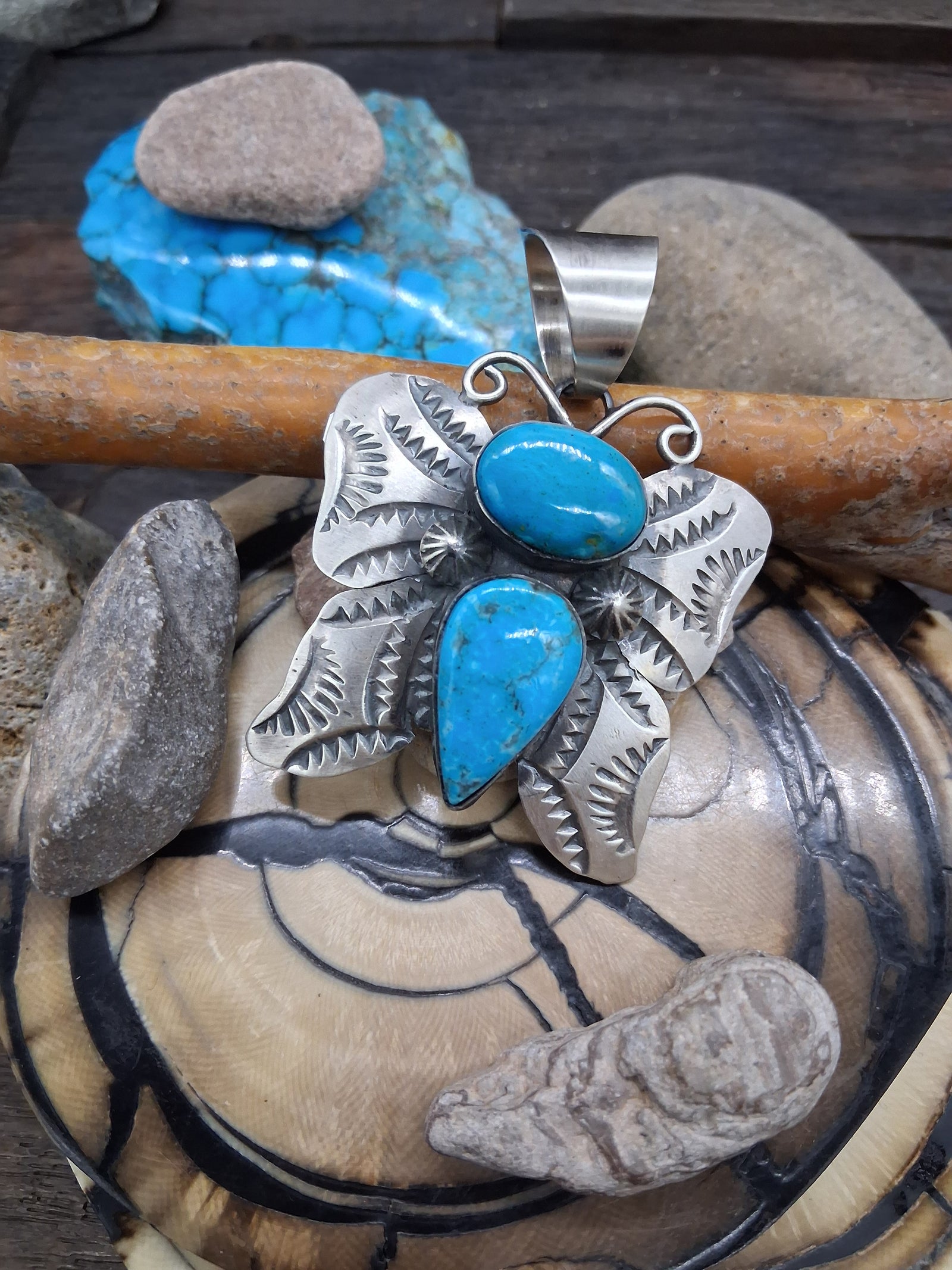 Kingman Turquoise Butterfly Sterling Silver Pendant by Jimmy Butte