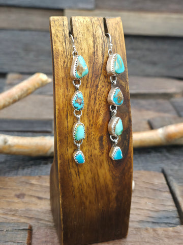Three Stone Sterling Silver Turquoise Post Dangle Earrings - 3 in. by 1/2 in.