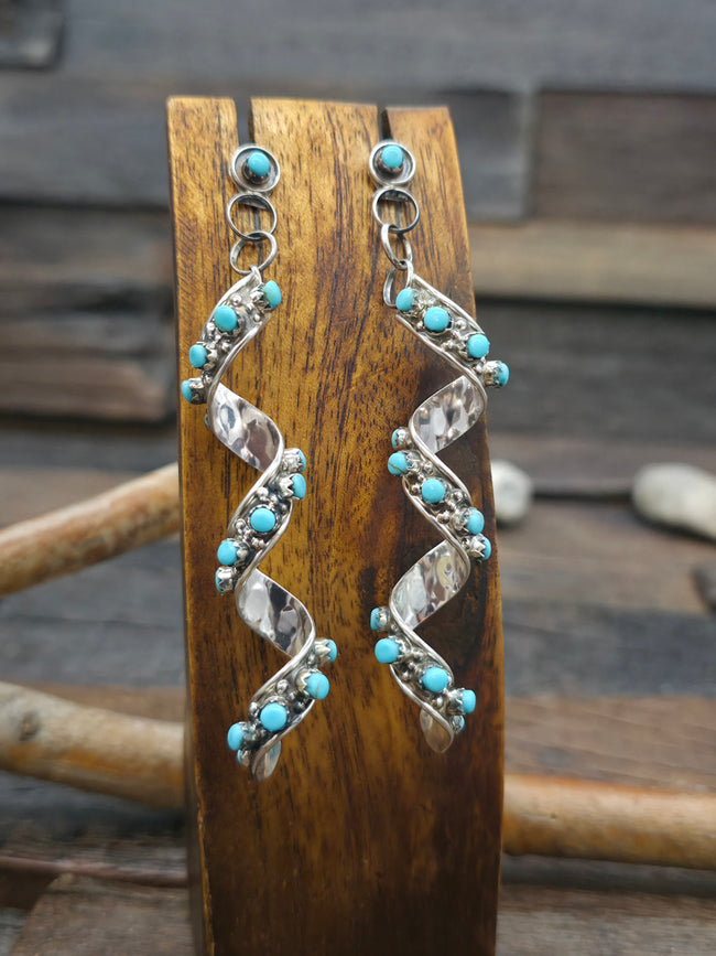 Sterling Silver Petit Point Turquoise Spiral Earrings by Joanne Cheama - 3 1/4 in. by 1/2 in.