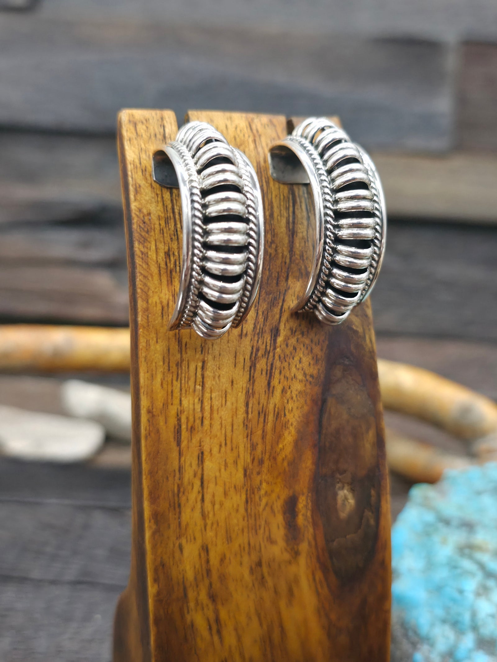 Large Sterling Silver Half Hoop Earrings by Priscilla Apache - 1 1/4 in. by 1/2 in.