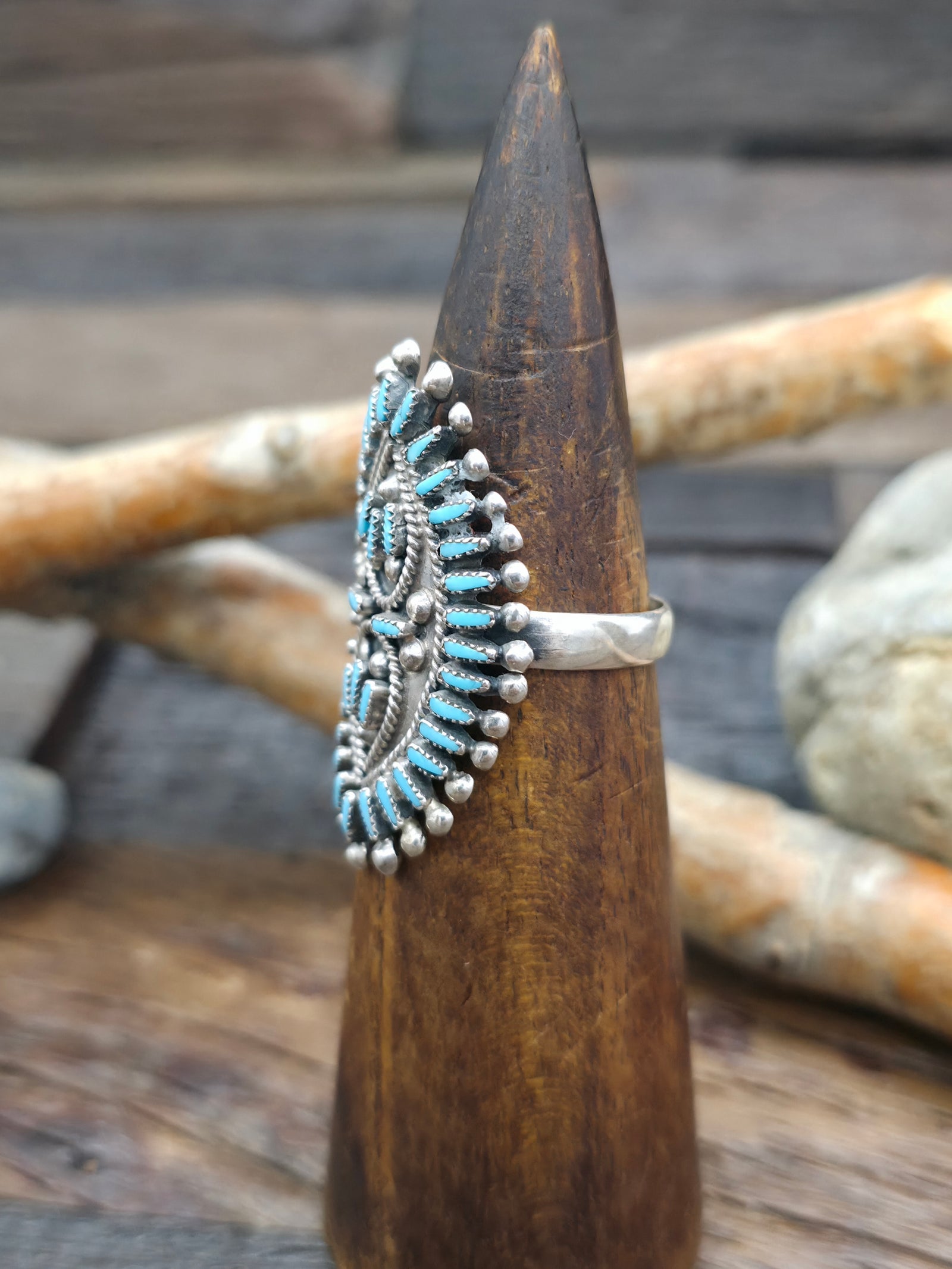 Sterling Silver Turquoise Needlepoint Ring by V.S. Johnson - Size 11