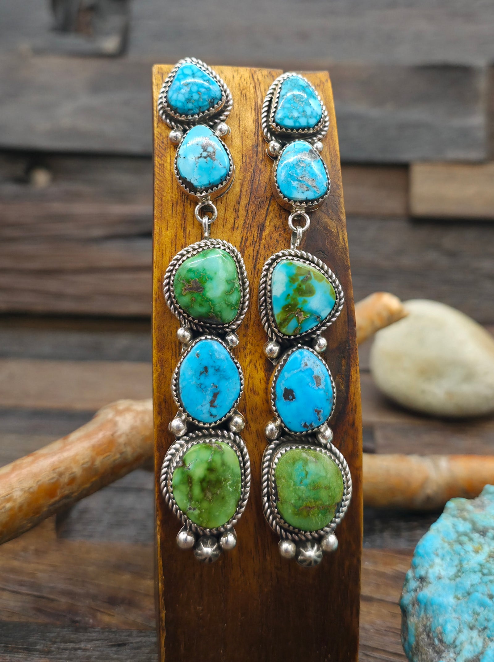 Five Stone Sterling Silver Kingman and Sonoran Turquoise Earrings by LaRose Ganadanegro - 4 1/4 in. by 3/4 in.