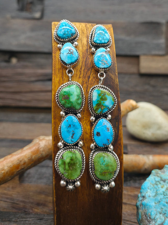 Five Stone Sterling Silver Kingman and Sonoran Turquoise Earrings by LaRose Ganadanegro - 4 1/4 in. by 3/4 in.