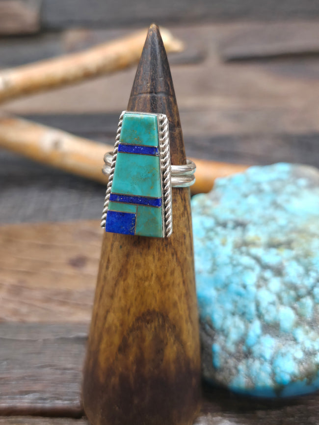 Sterling Silver Turquoise and Lapis Inlay Ring by Gary Wilbert - Size 8