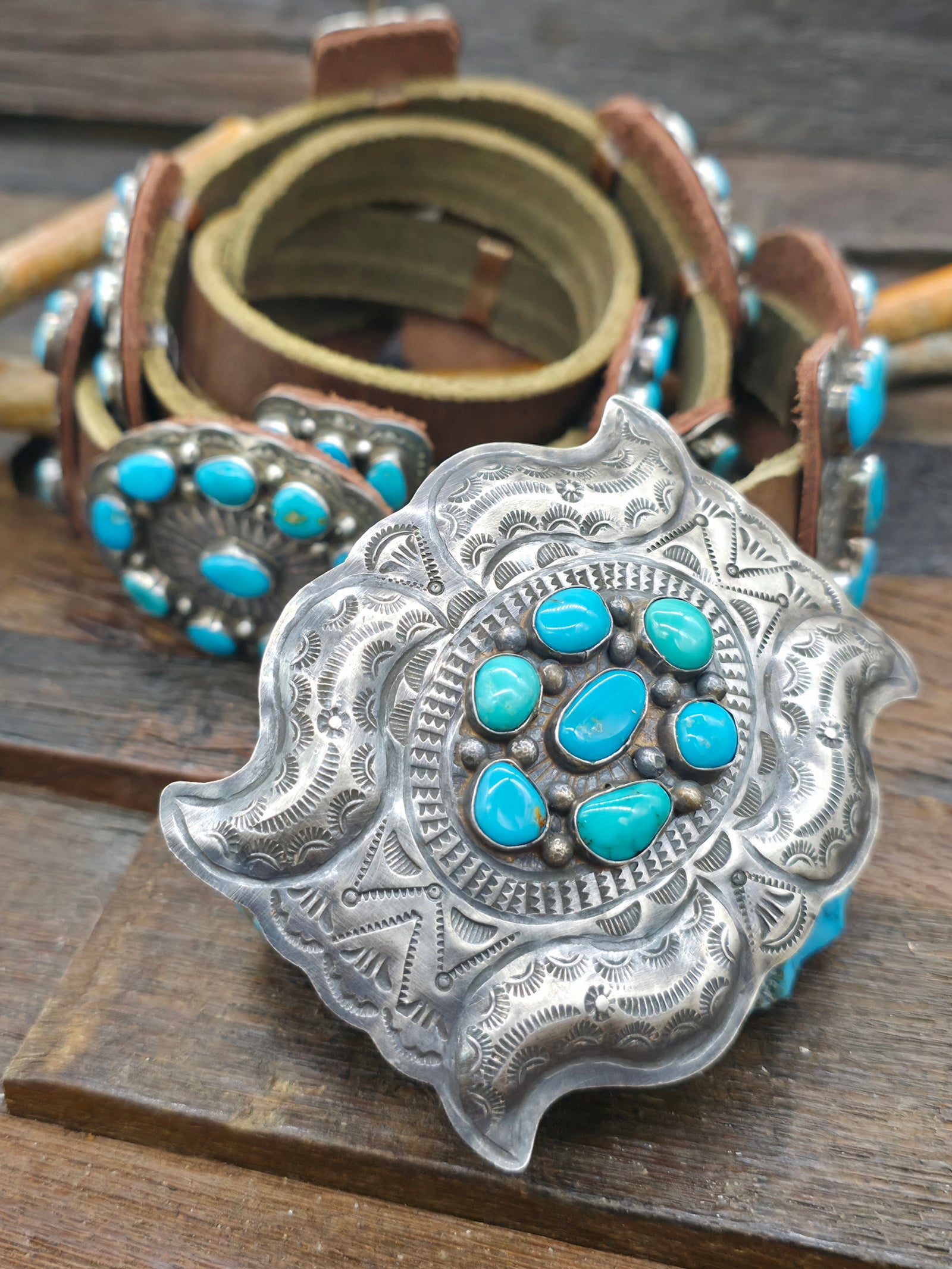 Stamped Sterling Silver and Turquoise Concho Belt by Dan Morgan - 52 in.