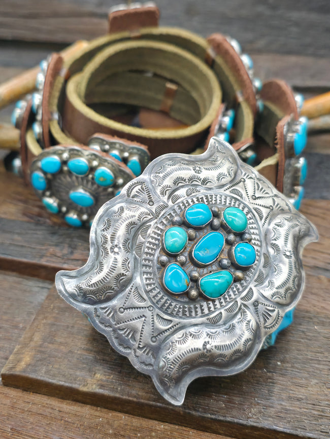Stamped Sterling Silver and Turquoise Concho Belt by Dan Morgan - 52 in.