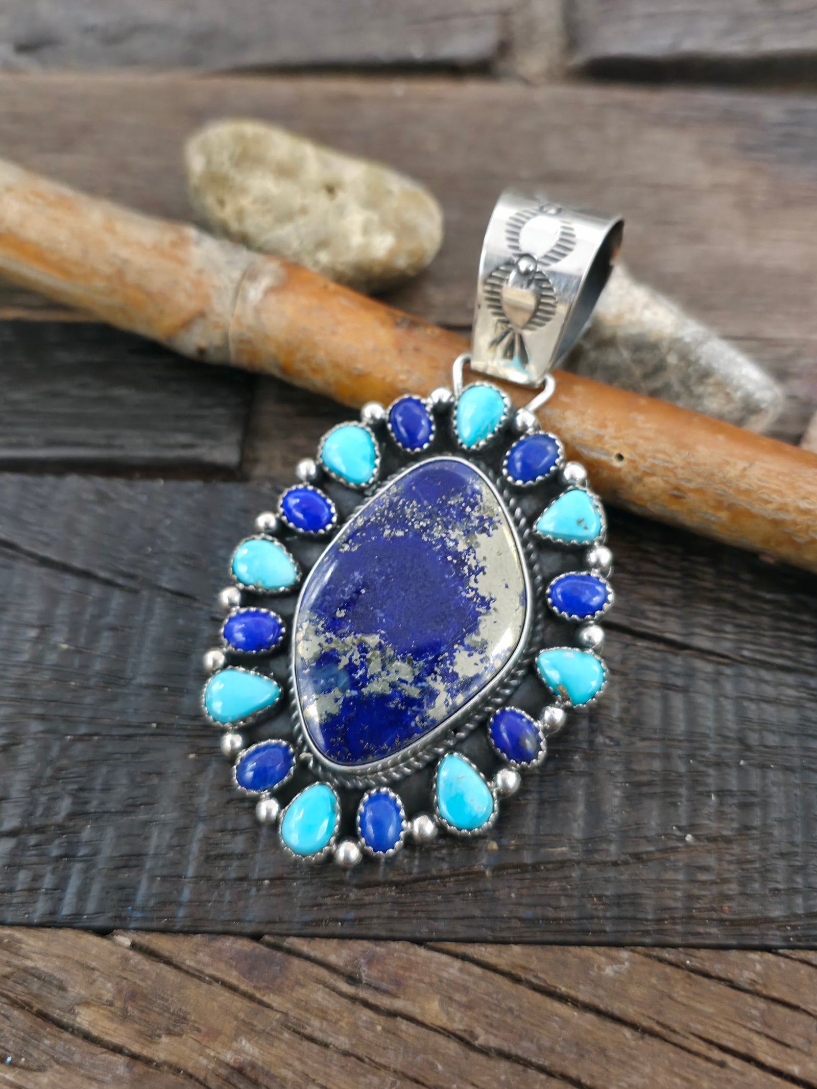 Sterling Silver Lapis and Candelaria Turquoise Cluster Pendant by Rosella Paxson - 3 1/4 in. by 1 3/4 in.