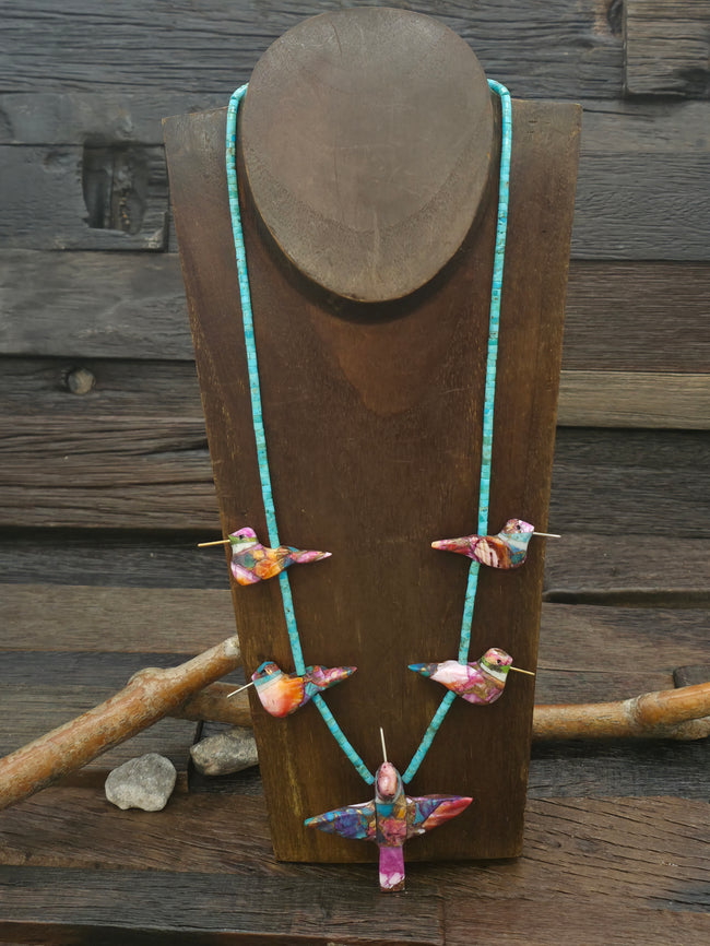 Pink and Blue Composite Five Hummingbird Necklace with Blue Turquoise Heishi by Matt Mitchell - 24 in.