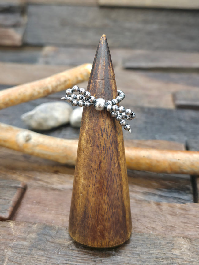 Oxidized Sterling Silver Bead Stretch Bow Ring - Size 7 - 9 - Non Native Made
