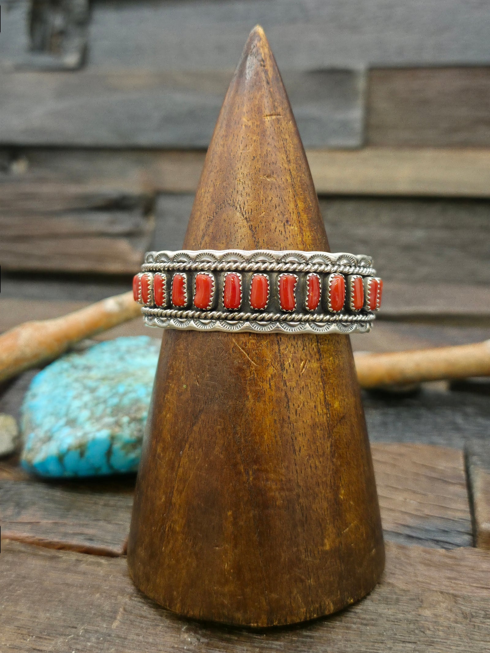 Stamped Sterling Silver Coral Row Cuff by Chester Charlie - 6 1/2 in. with Gap