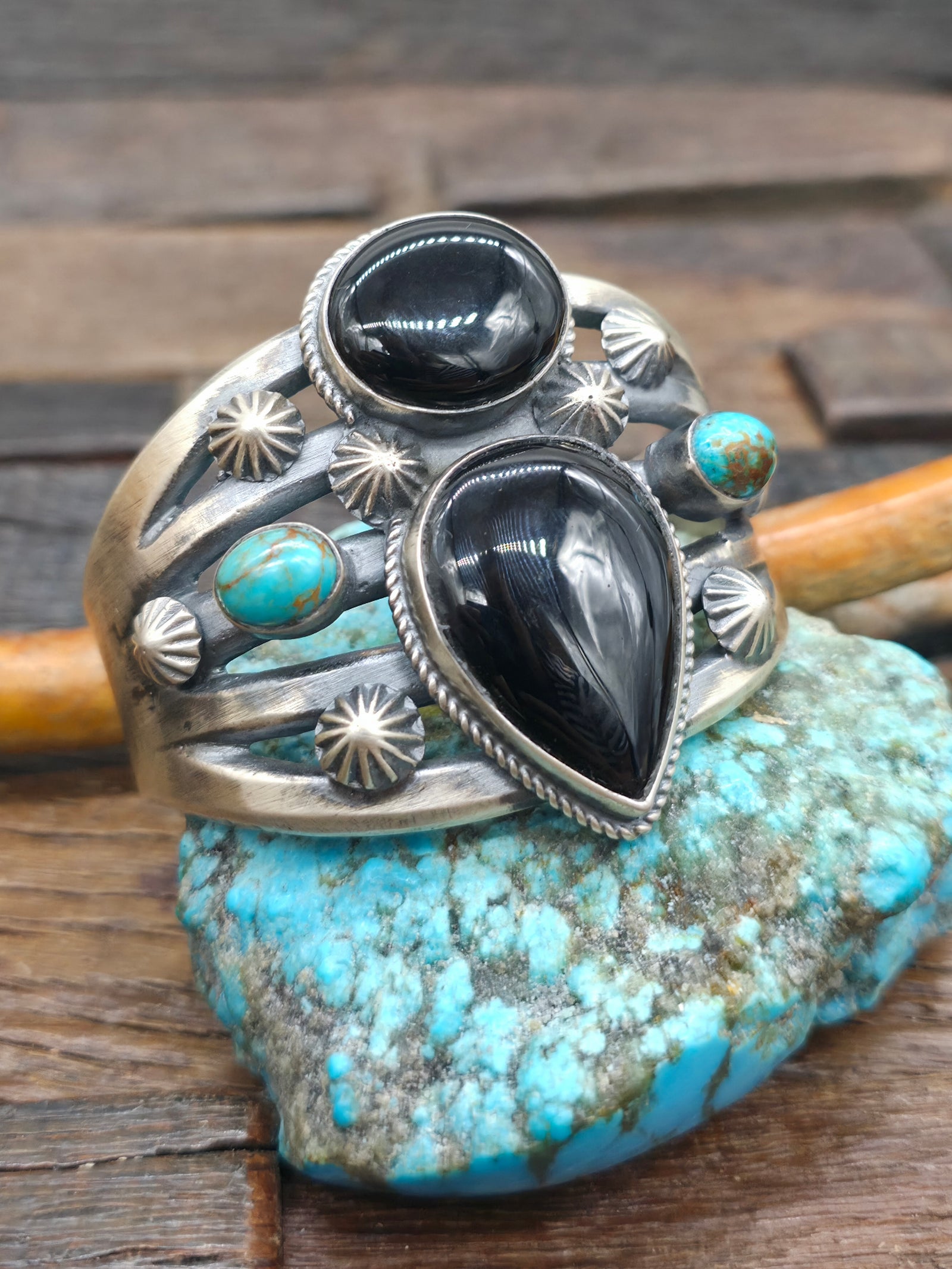 Chimney Butte Sterling Silver Onyx and Turquoise Cuff - 6 3/4 in. with Gap