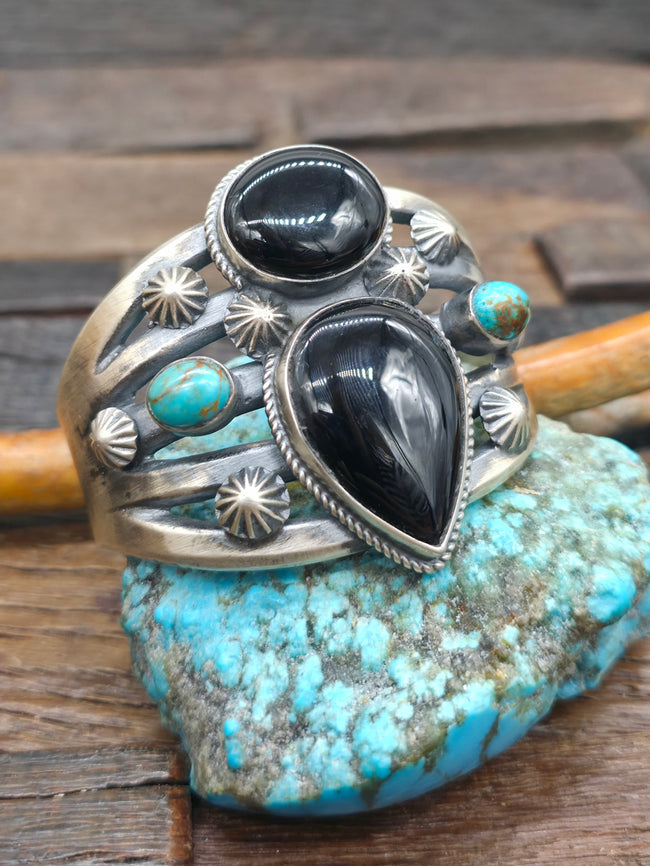 Chimney Butte Sterling Silver Onyx and Turquoise Cuff - 6 3/4 in. with Gap