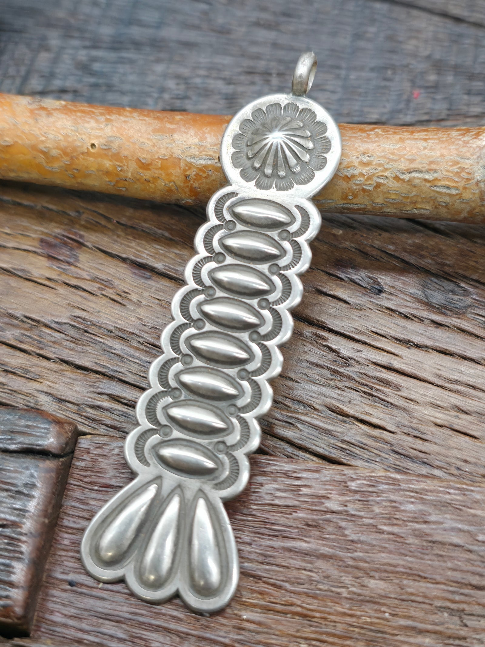Repousse Stamped Sterling Silver Pendant by Edison Smith - 3 1/4 in. by 3/4 in.