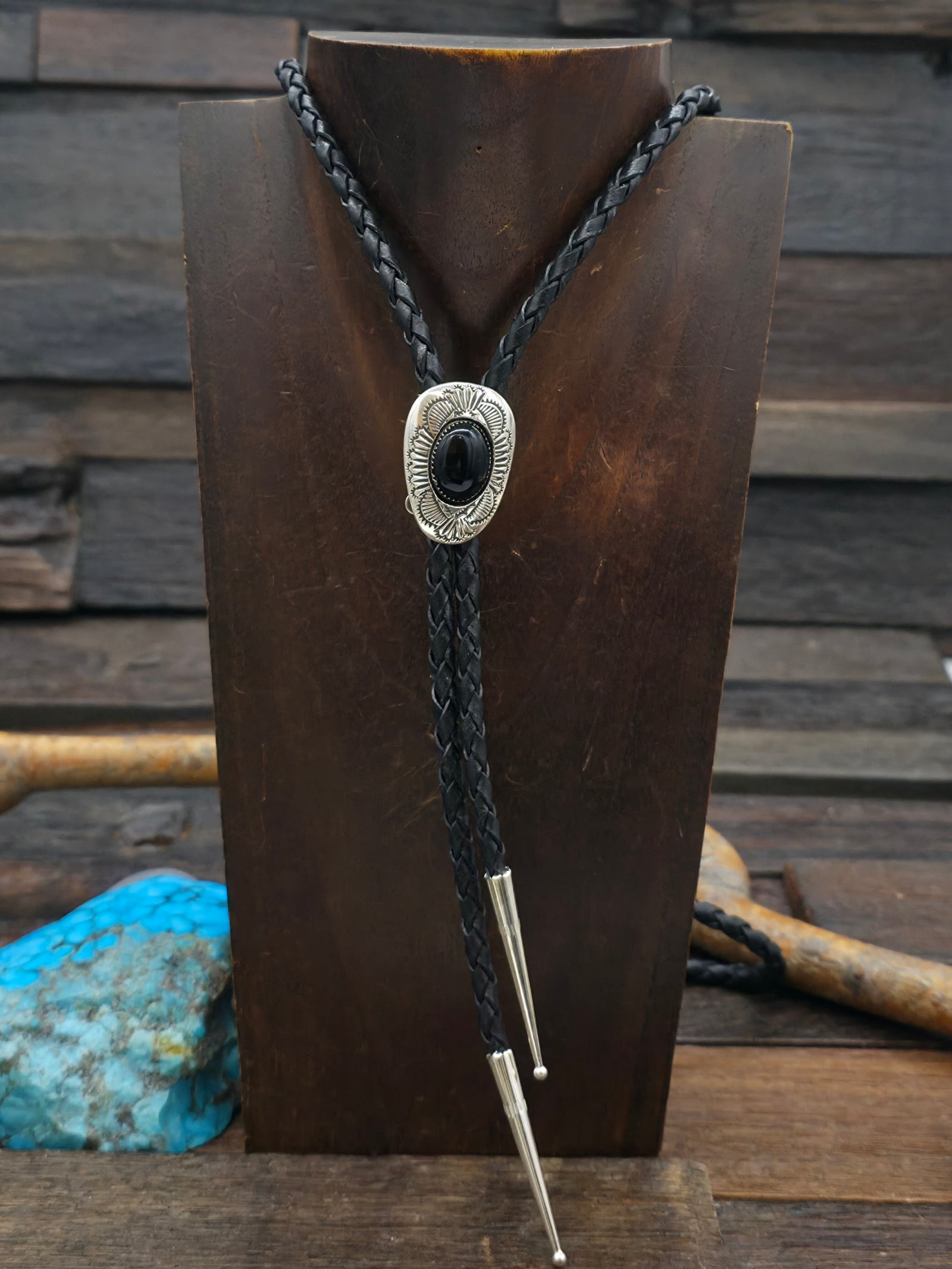 Stamped Sterling Silver Shadowbox Bolo with Onyx