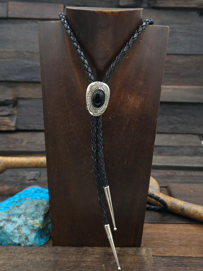 Stamped Sterling Silver Shadowbox Bolo with Onyx