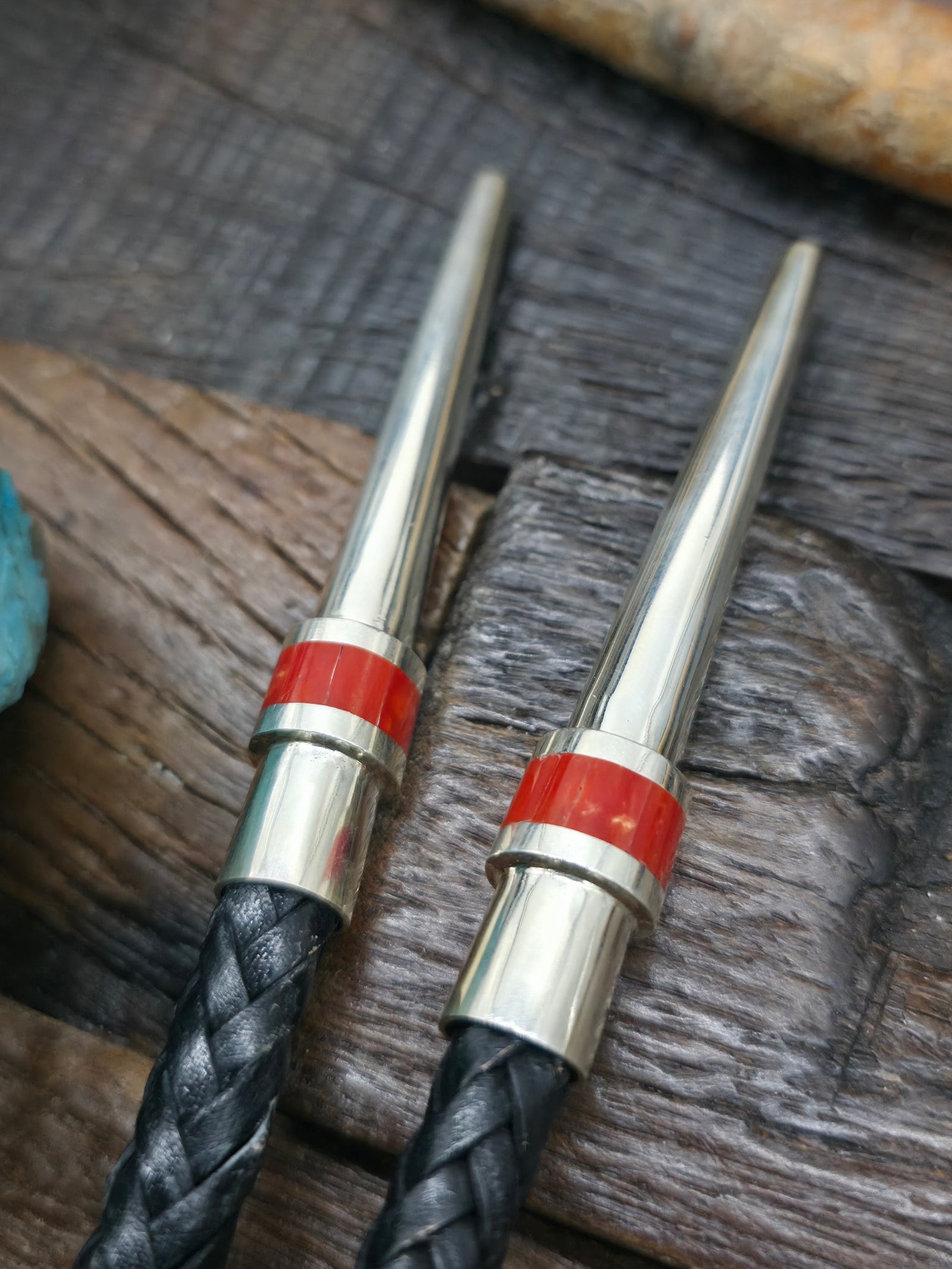 High Shine Sterling Silver Turquoise and Coral Inlay Bolo Tie by Michael Perry - 46 in.