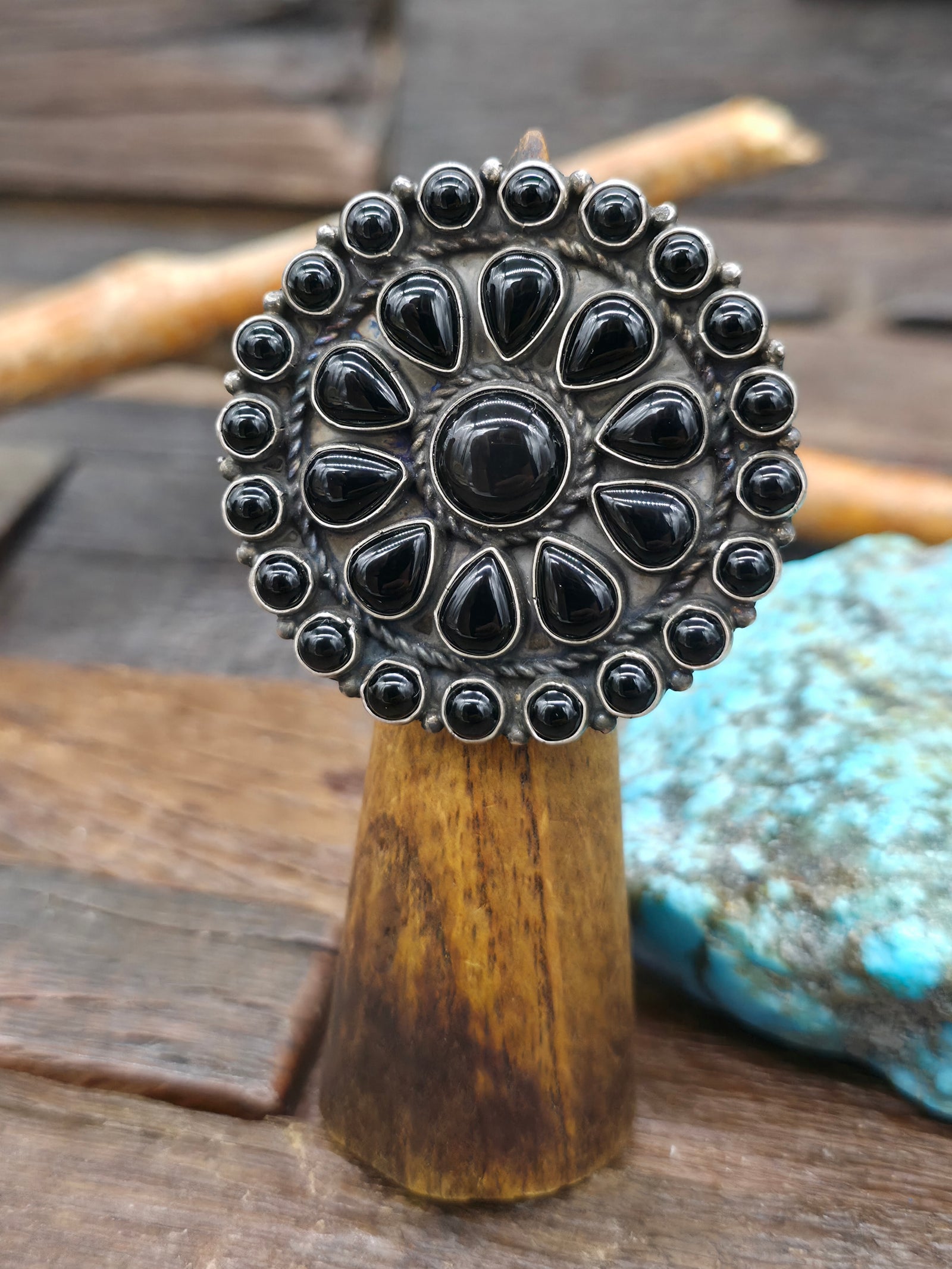 Large Sterling Silver Black Onyx Cluster Ring by Devin Brown - Adjustable