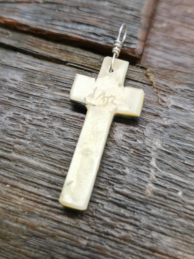 Extra Small Mosaic Inlay Blue Turquoise Cross Pendant by Joe Reano