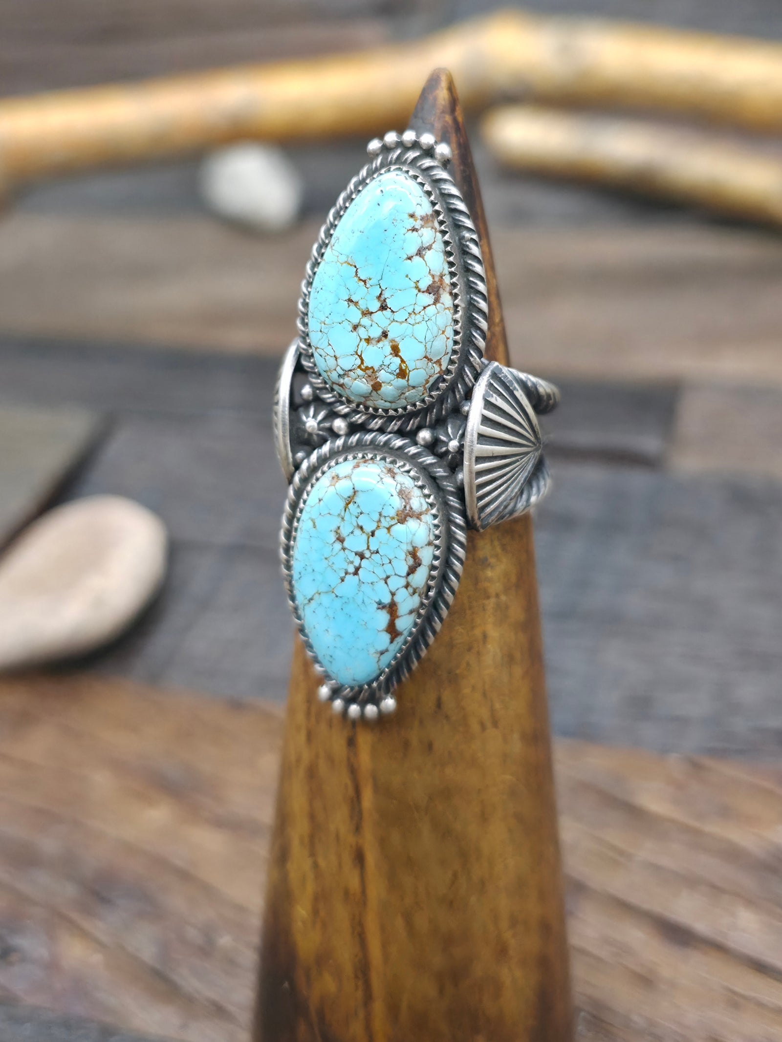Two Stone Sterling Silver #8 Turquoise Ring by Steve Arviso - Size 8