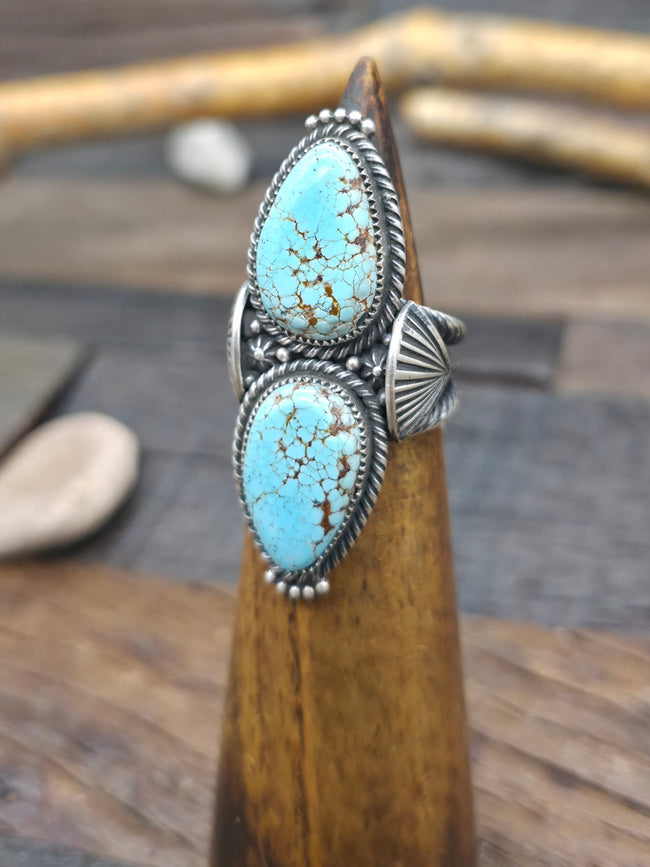 Two Stone Sterling Silver #8 Turquoise Ring by Steve Arviso - Size 8