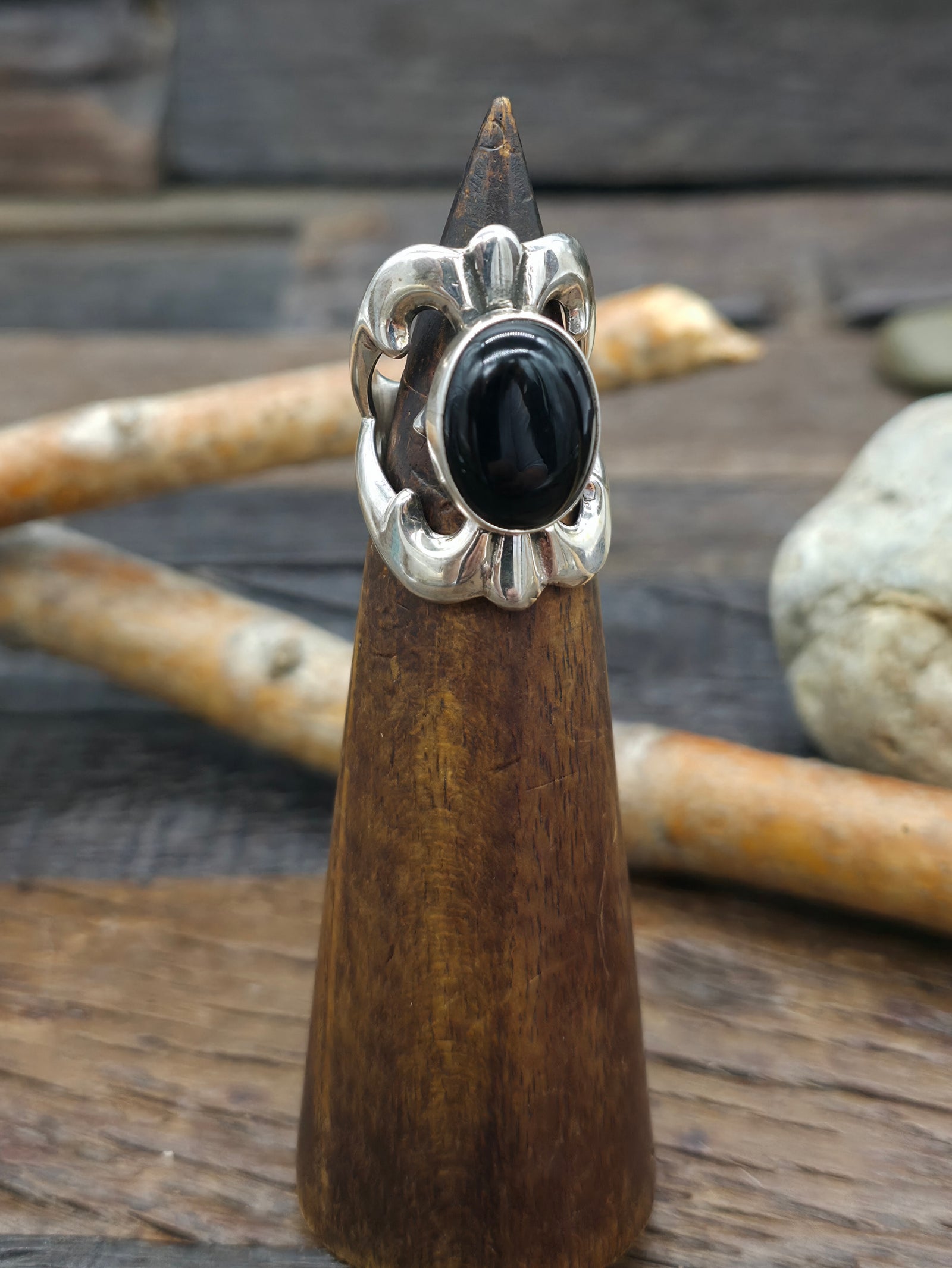 Cast Sterling Silver Onyx Ring by Kevin Yazzie - Size 6