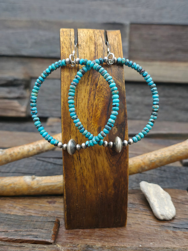 Turquoise and Oxidized Sterling Silver Bead Hanging Hoop Earring - 3 in. by 2 1/4 in.