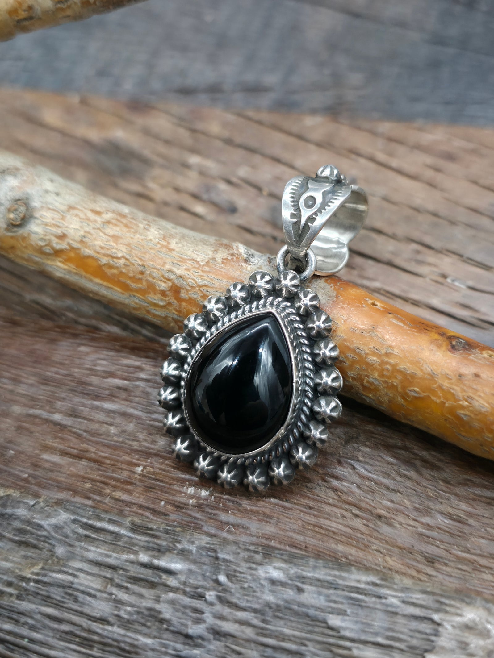 Sterling Silver Black Onyx Teardrop Starshots Pendant by Happy Piasso - 1 3/4 in. by 1 in.
