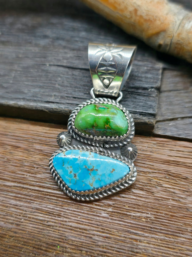 Two Stone Blue Gem and Sonoran Turquoise Sterling Silver Pendant by Rosella Paxton