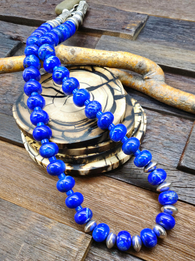 Lapis Lazuli and Sterling Silver Stone Bead Necklace by Fred Archuleta - 30 in.