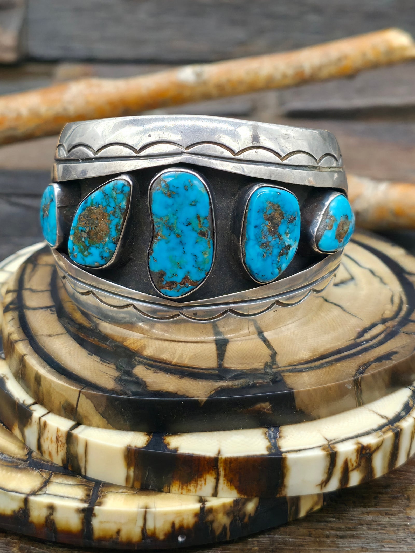 Vintage/Estate Five Stone Sterling Silver Morenci Turquoise Shadowbox Cuff Bracelet Circa 1970s - 6 1/2 in. with Gap