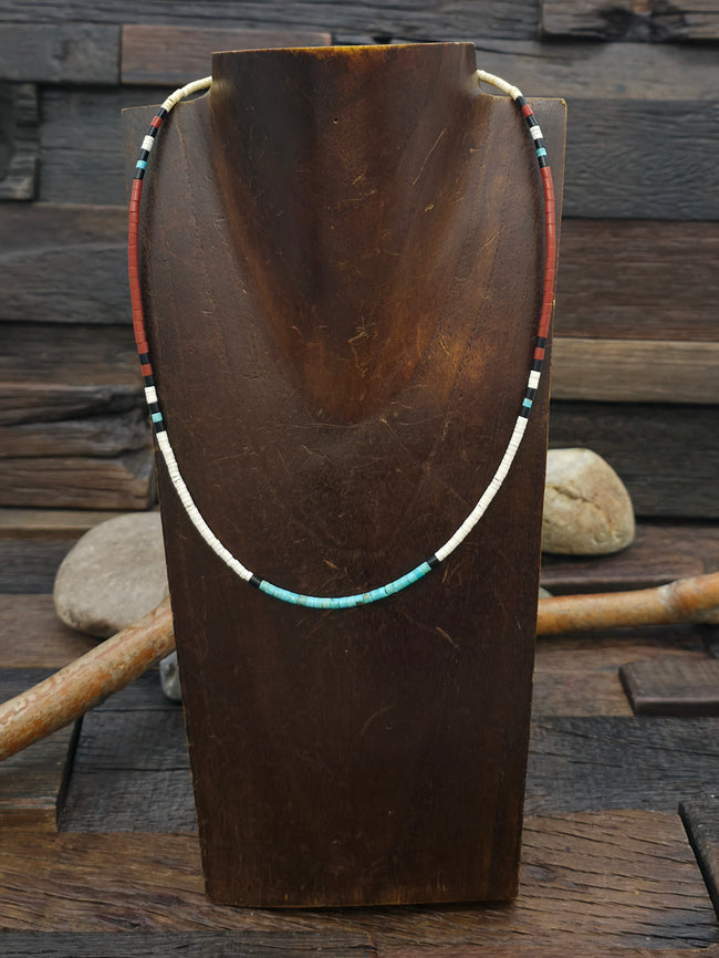 Colorblock Necklace by Torevia Crespin - Jet, Turquoise Pipestone, Melon Shell, and Clam Shell - 18 in.