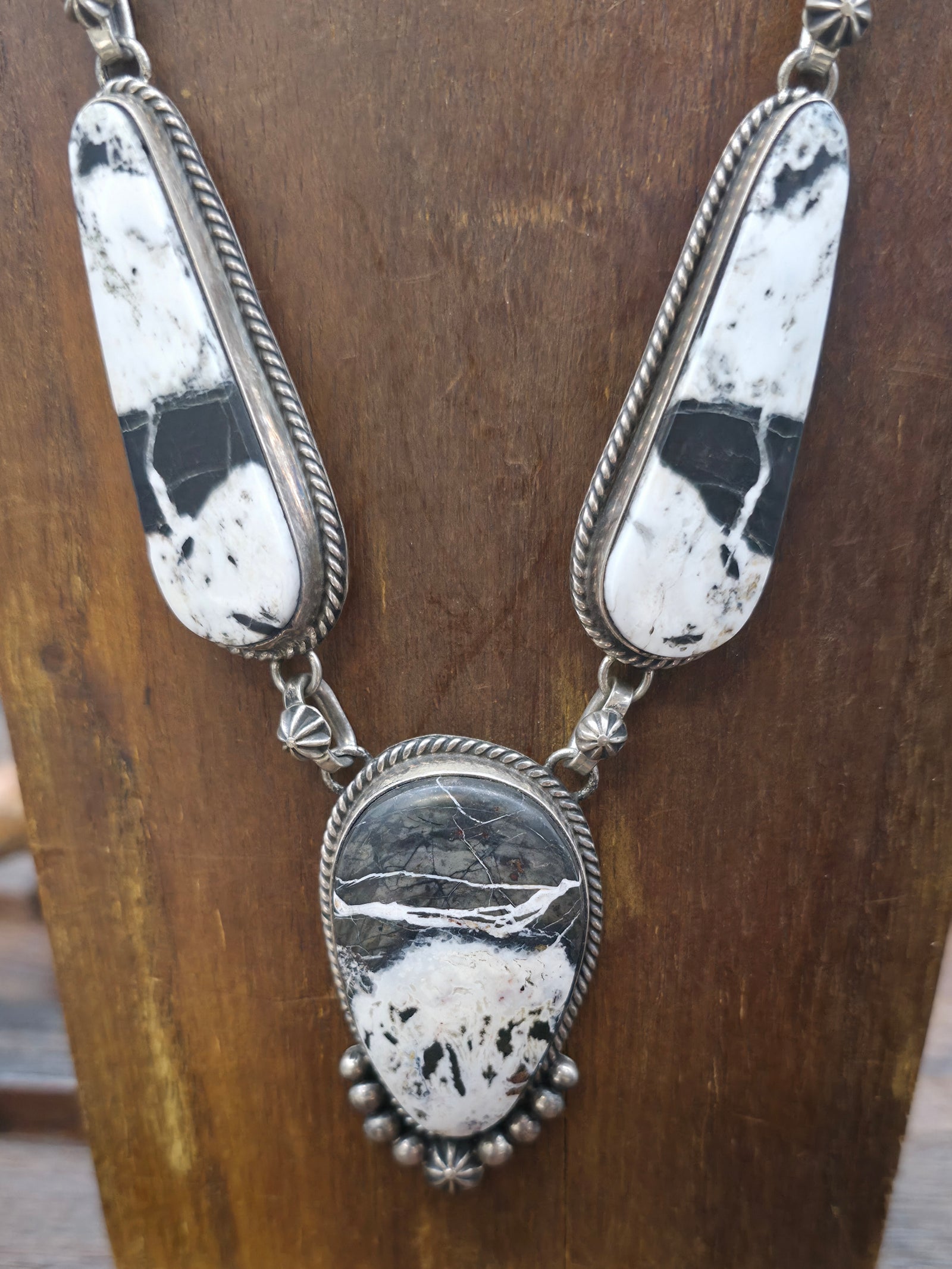 Sterling Silver and White Buffalo Necklace and Earring Set by Rosella Paxton - 27 in.