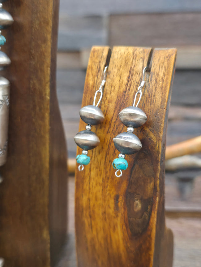 Stamped Sterling Silver and Blue Turquoise Bead Necklace and Earring Set by Sharon Cooley - 33 in.